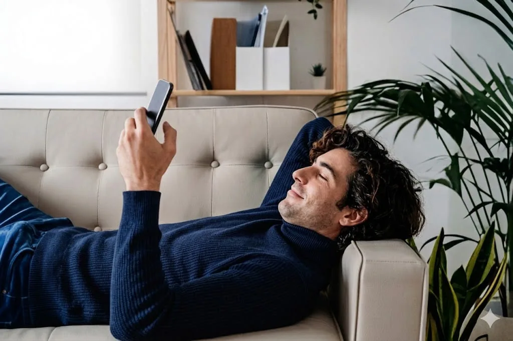 Person relaxing on sofa using phone